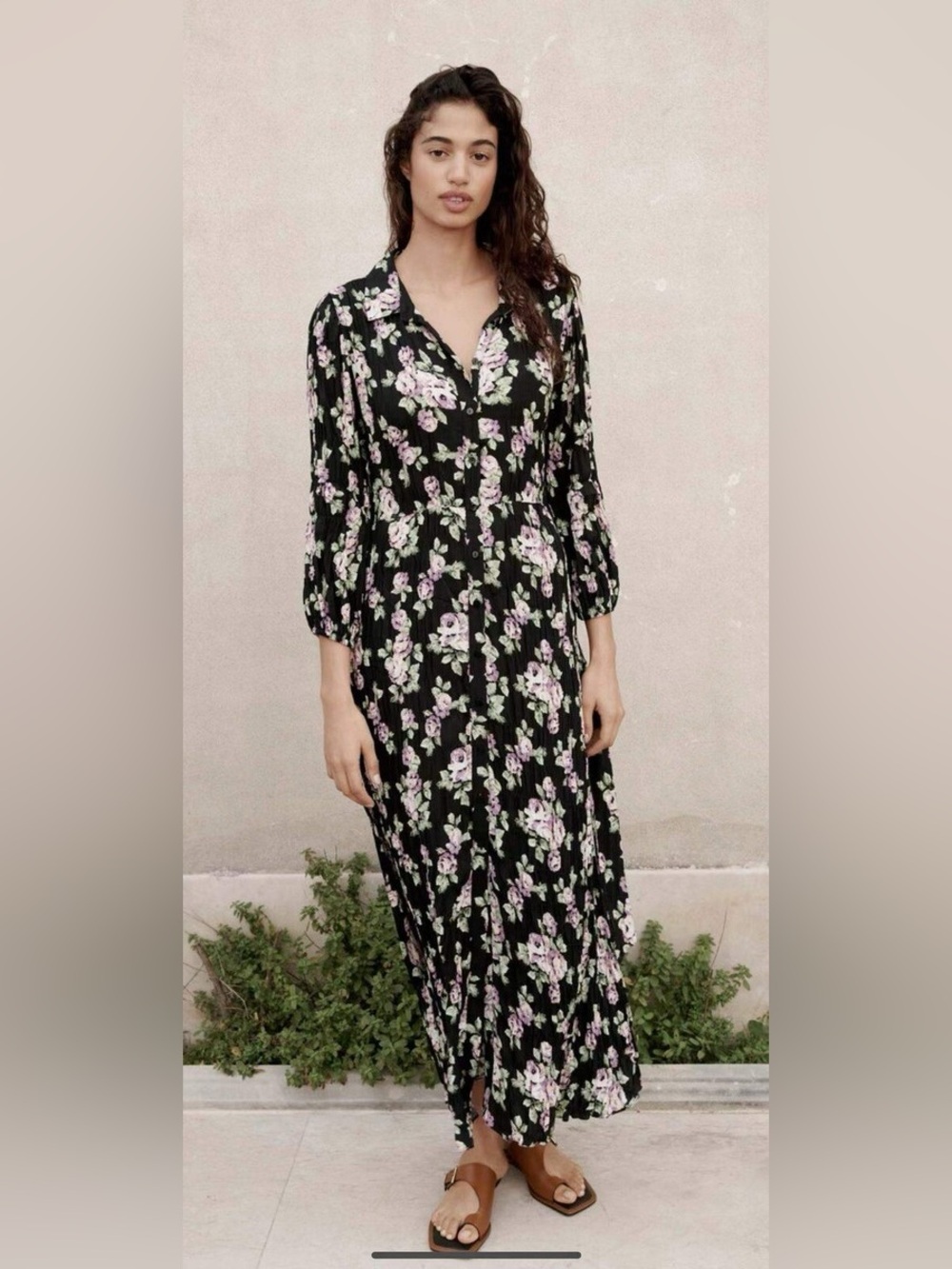 Zara Black Purple Floral Maxi Dress Medium Button Front Belted Long Sleeve